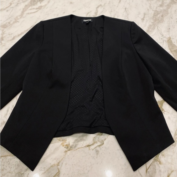 EXPRESS Black Stretch Fully Lined Open Front Asymmetrical Hem Blazer Jacket - Picture 4 of 7